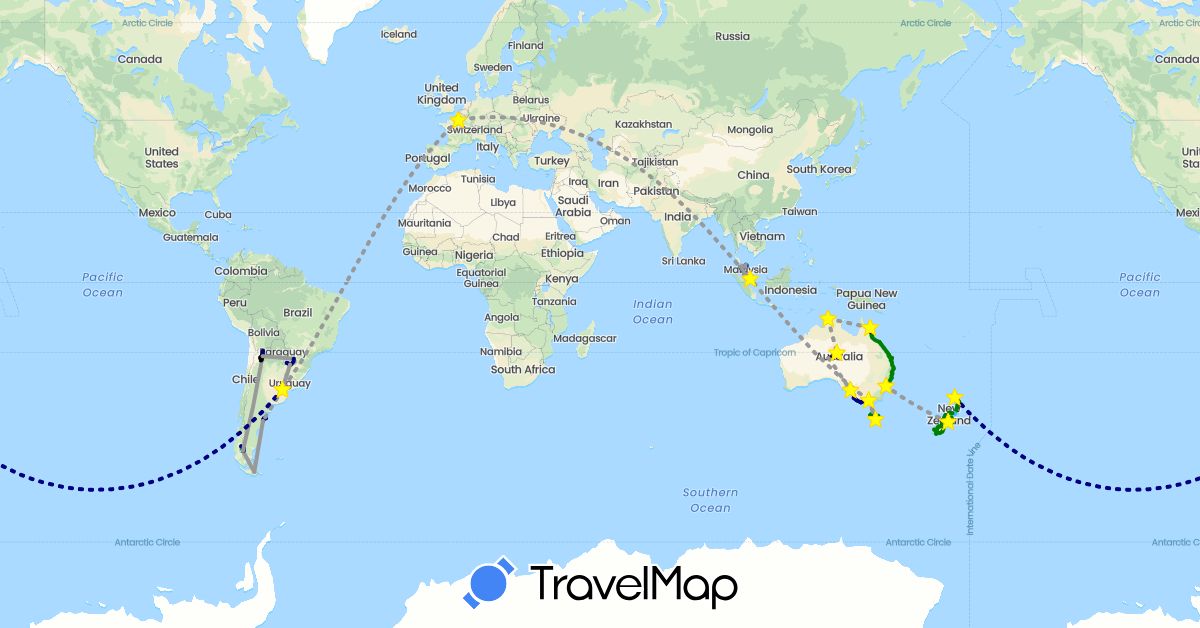 TravelMap itinerary: driving, bus, plane, hiking, boat, 4x4, train, camping car in Argentina, Australia, France, Malaysia, New Zealand, Paraguay, Singapore (Asia, Europe, Oceania, South America)